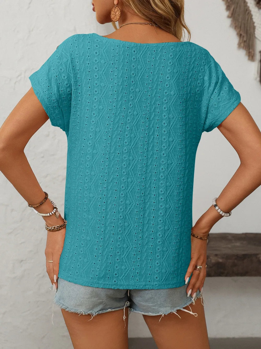 Eyelet Round Neck Short Sleeve Top (32)