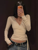 Lace-trimmed Long Sleeves Wrap Blouse