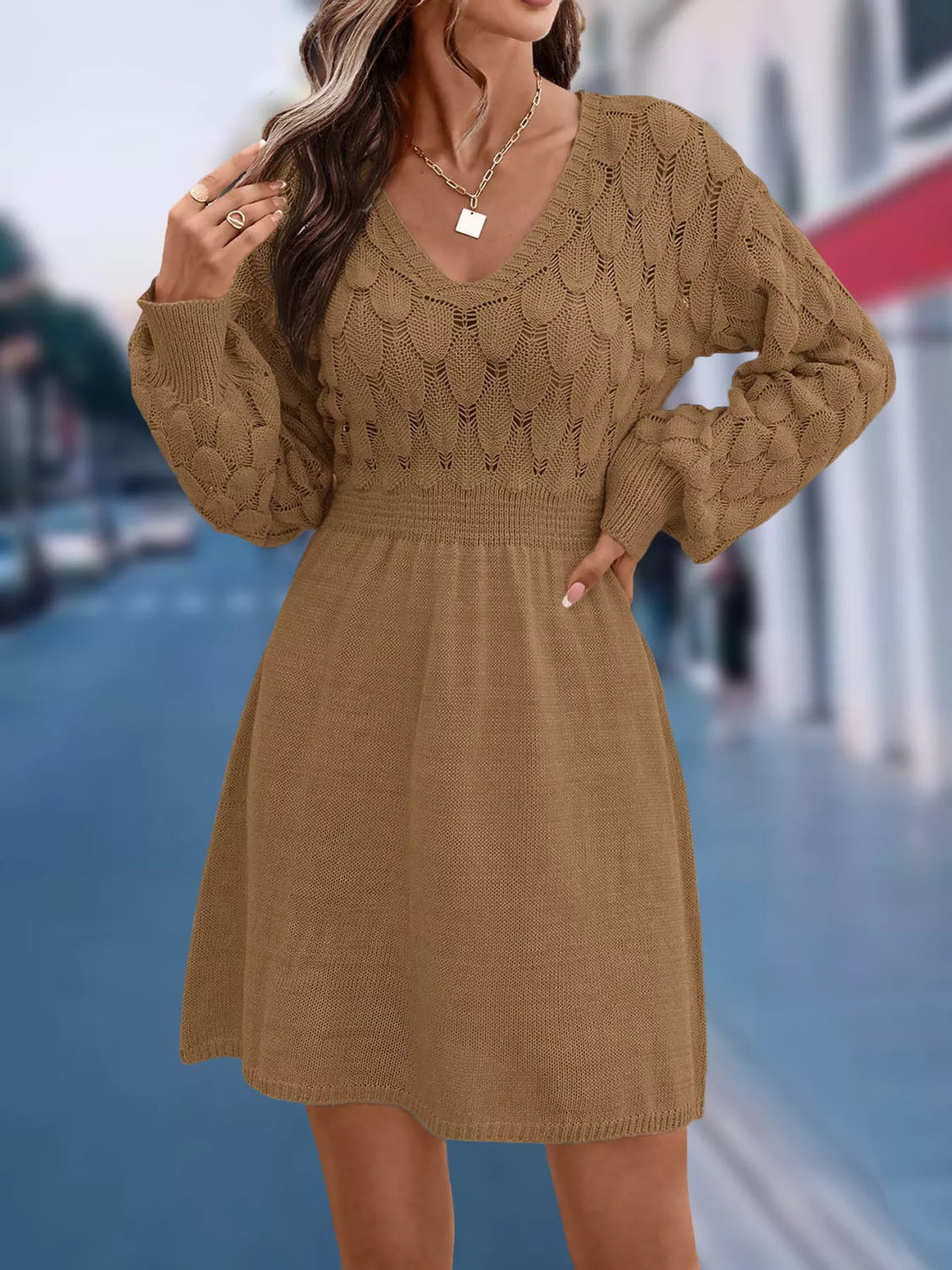 V-neck Long Sleeve Sweater Dress (15)