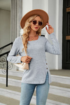 Square Neck Long Sleeve Slit T-shirt (4)