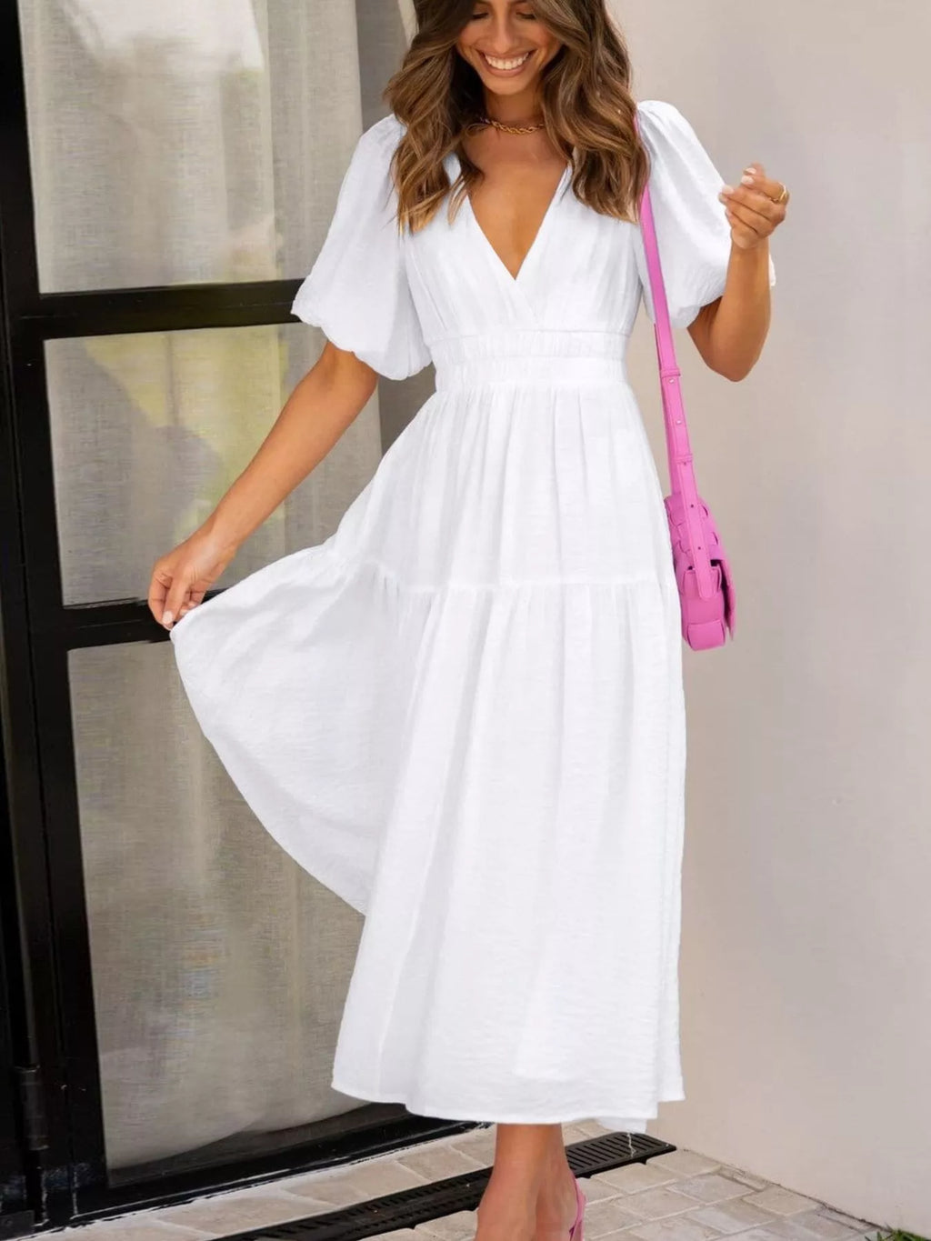 V-neck Puff Sleeve Midi Dress (2)