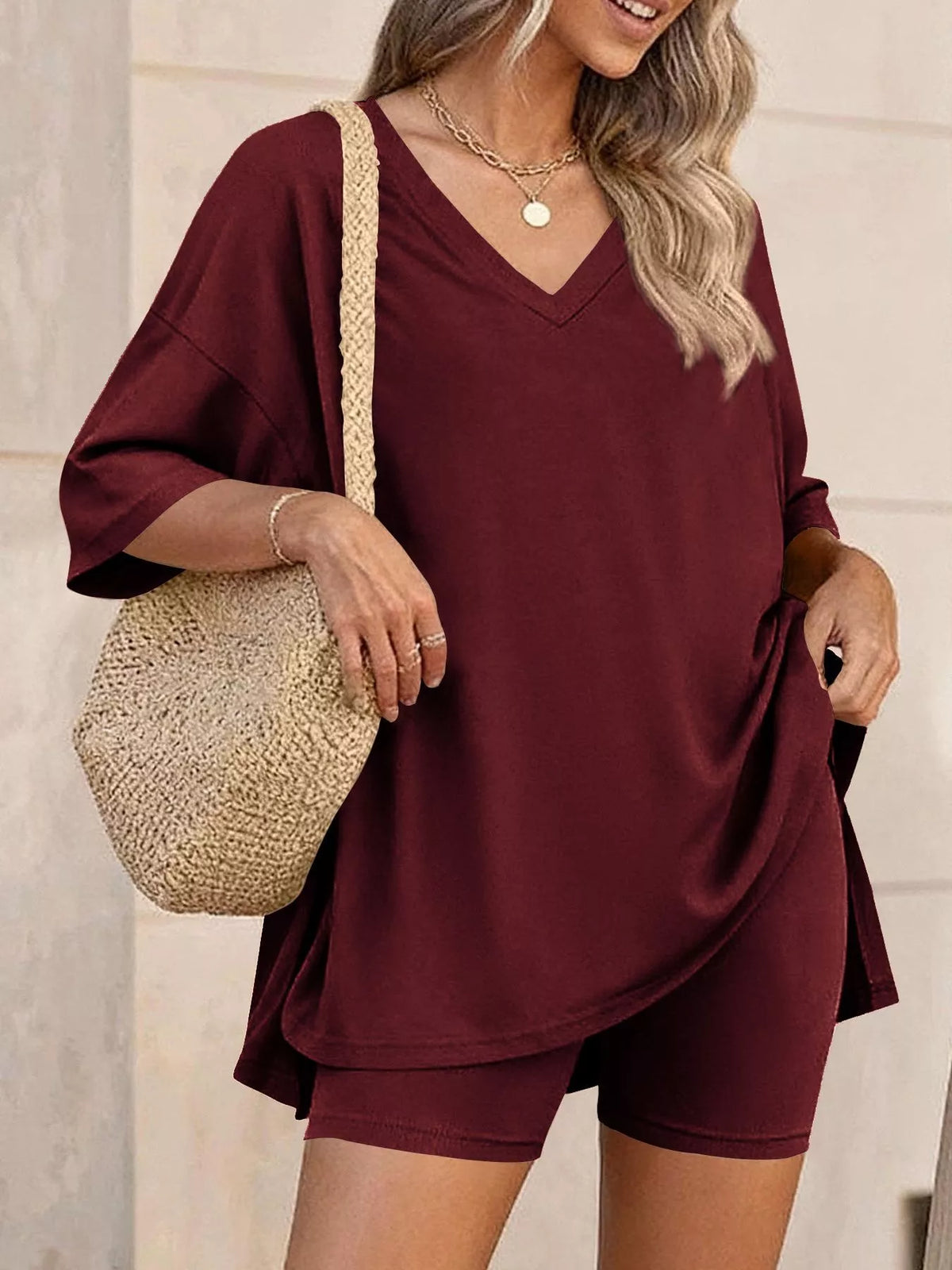 Full Size Casual Loose V-neck T-shirt Shorts Set Plus (21)