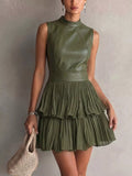 Sleeveless Faux Leather Layered Pleated Mini Dress