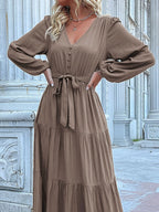 Ruffled Hem V-neck Balloon Sleeve Dress (32)