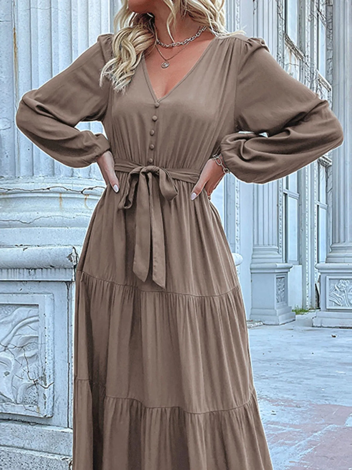 Ruffled Hem V-neck Balloon Sleeve Dress (32)