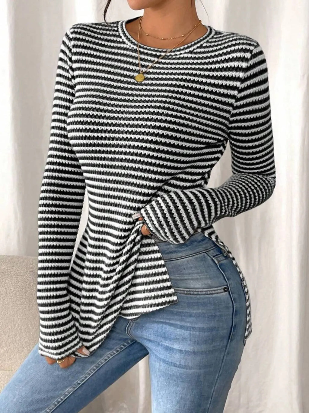 Side Slit Striped Long Sleeve T-shirt (12)