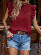 Frill Mock Neck Ruffled Cap Sleeve Blouse (13)