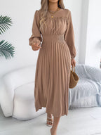 Smocked Pleated Long Sleeve Midi Dress (3)