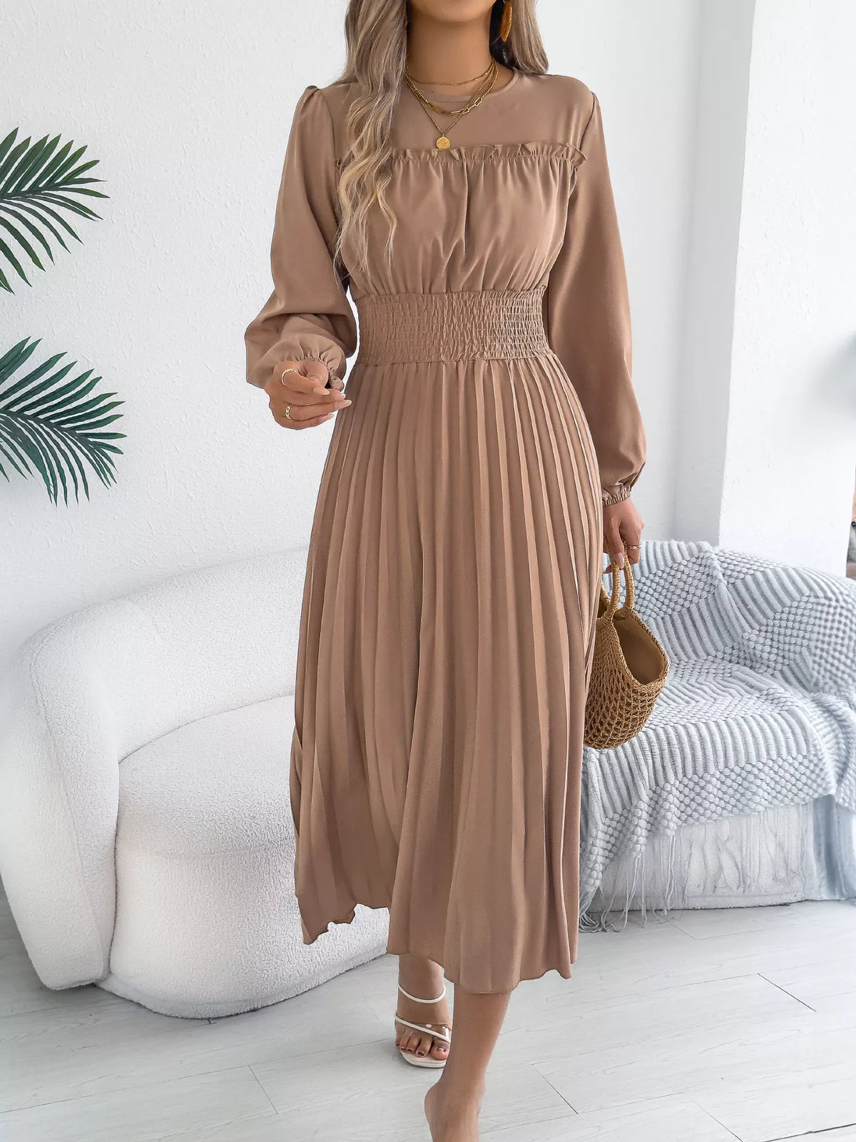 Smocked Pleated Long Sleeve Midi Dress (3)