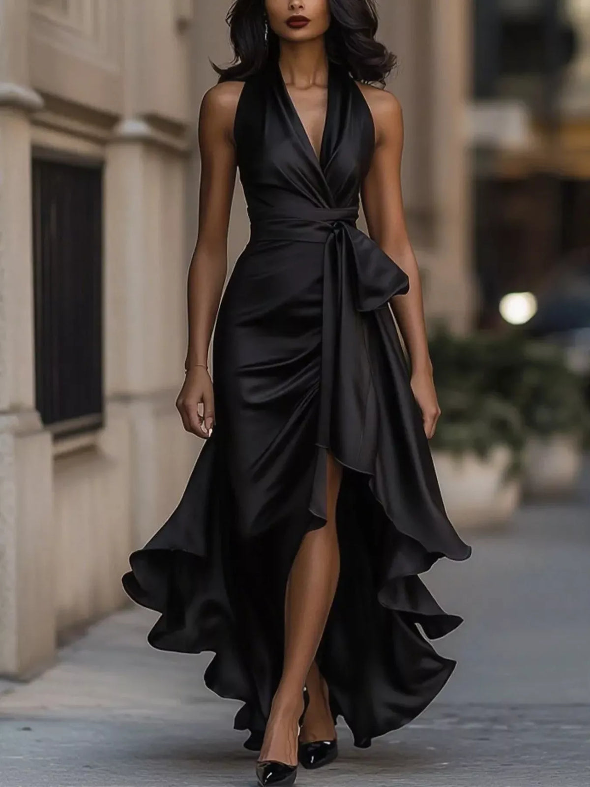 Full Size High-low Ruffled Satin Maxi Dress Plus (6)