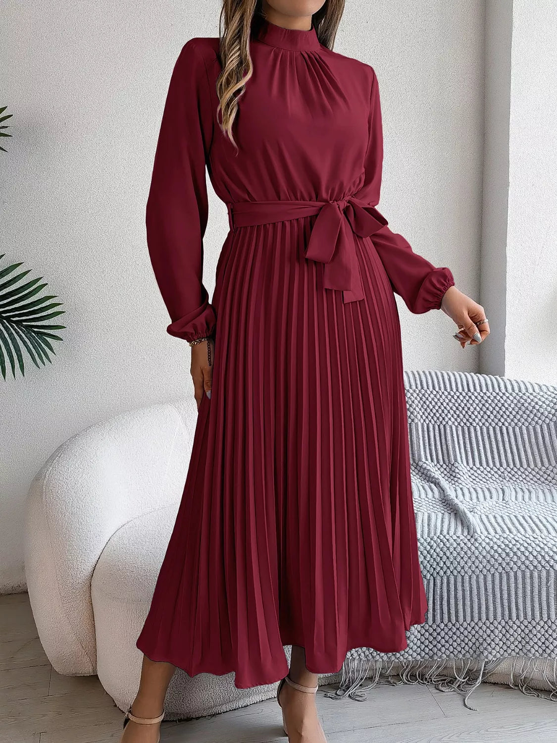 Mock Neck Pleated Midi Dress (18)