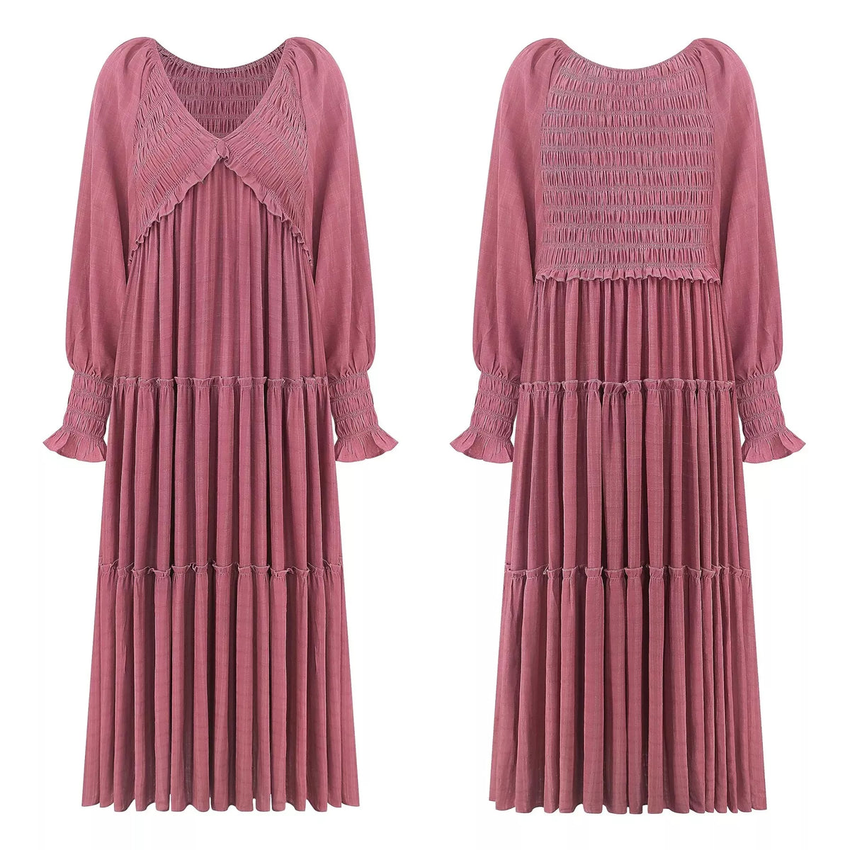 V-neck Long Sleeve Tiered Maxi Dress (10)