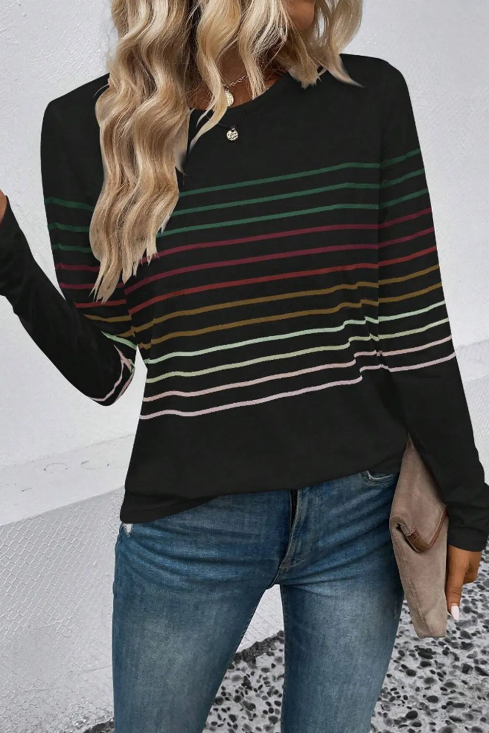 Striped Round Neck Long Sleeve T-shirt (4)