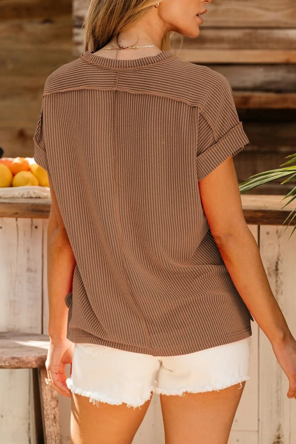 Casual Ribbed Short Sleeve Round Neck T-shirt (18)