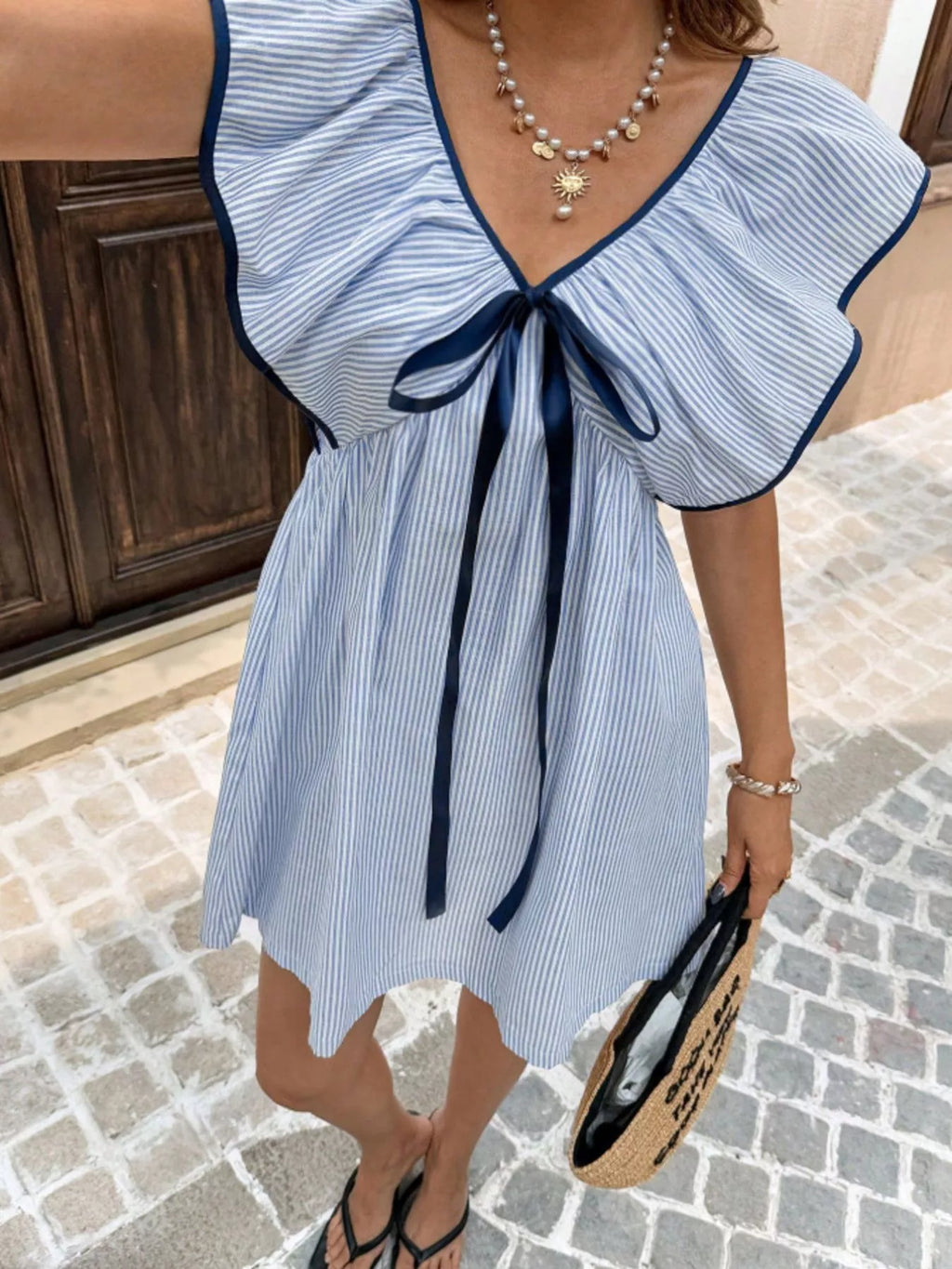 Striped Ruffle Sleeve Mini Dress (2)