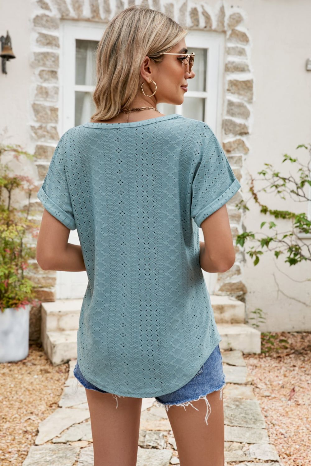 Full Size Round Neck Eyelet Short Sleeve Top (6)