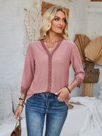 Lace Detail V-neck Three-quarter Sleeve Blouse (2)