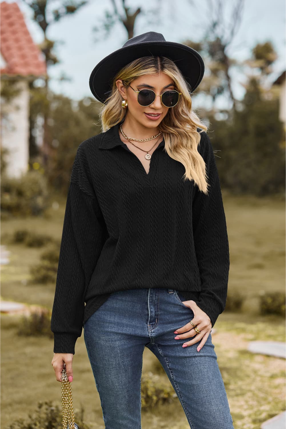 Collared Neck Cable-knit Long Sleeve Blouse (19)
