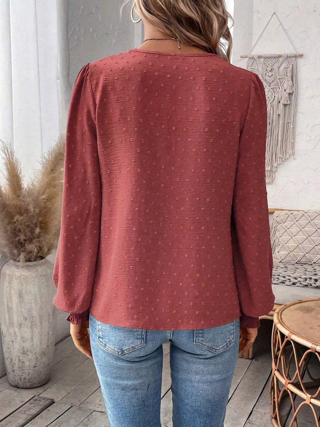 Swiss Dot Lace Detail Long Sleeve Blouse (15)