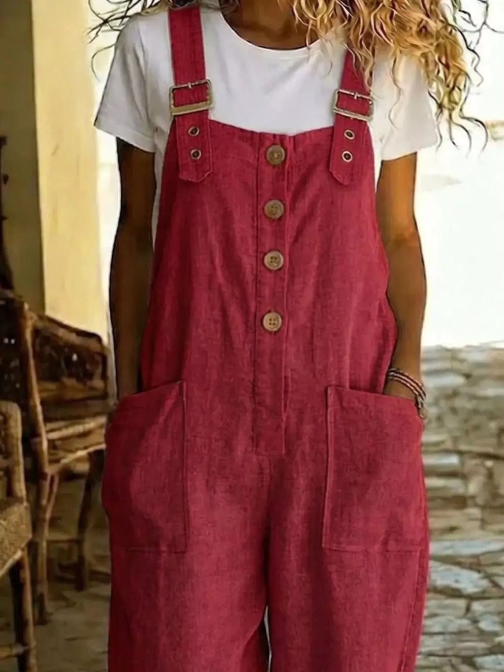 Casual Button Front Wide Leg Overalls (2)