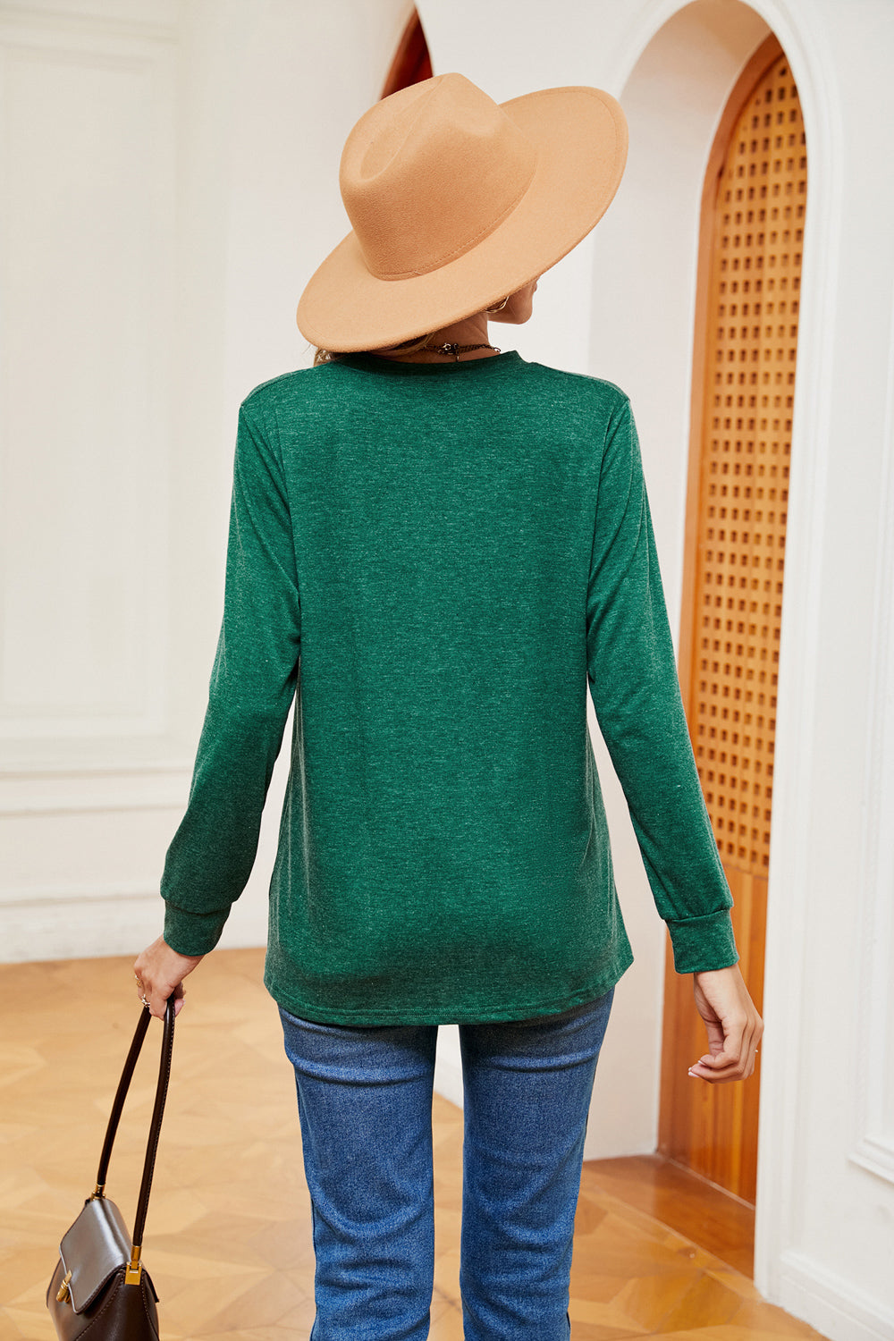 Buttoned Notched Neck Long Sleeve Top (24)