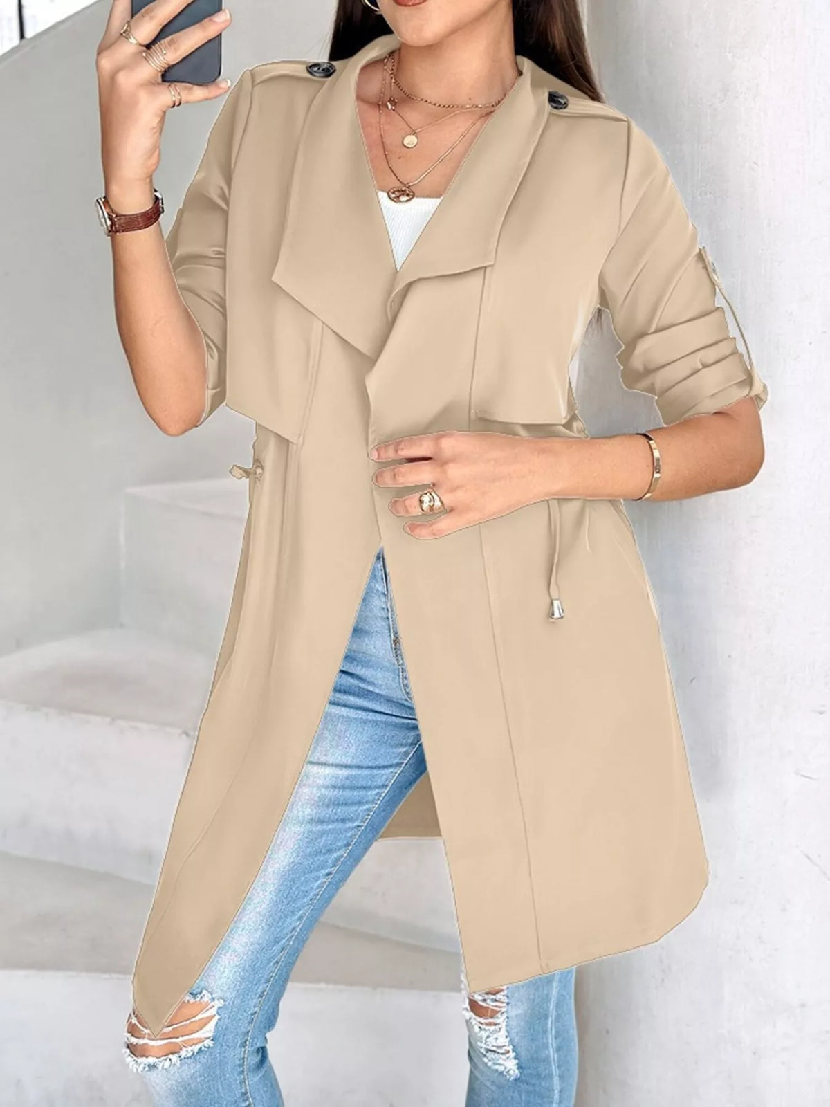 Drape Collar Lightweight Trench Coat (5)