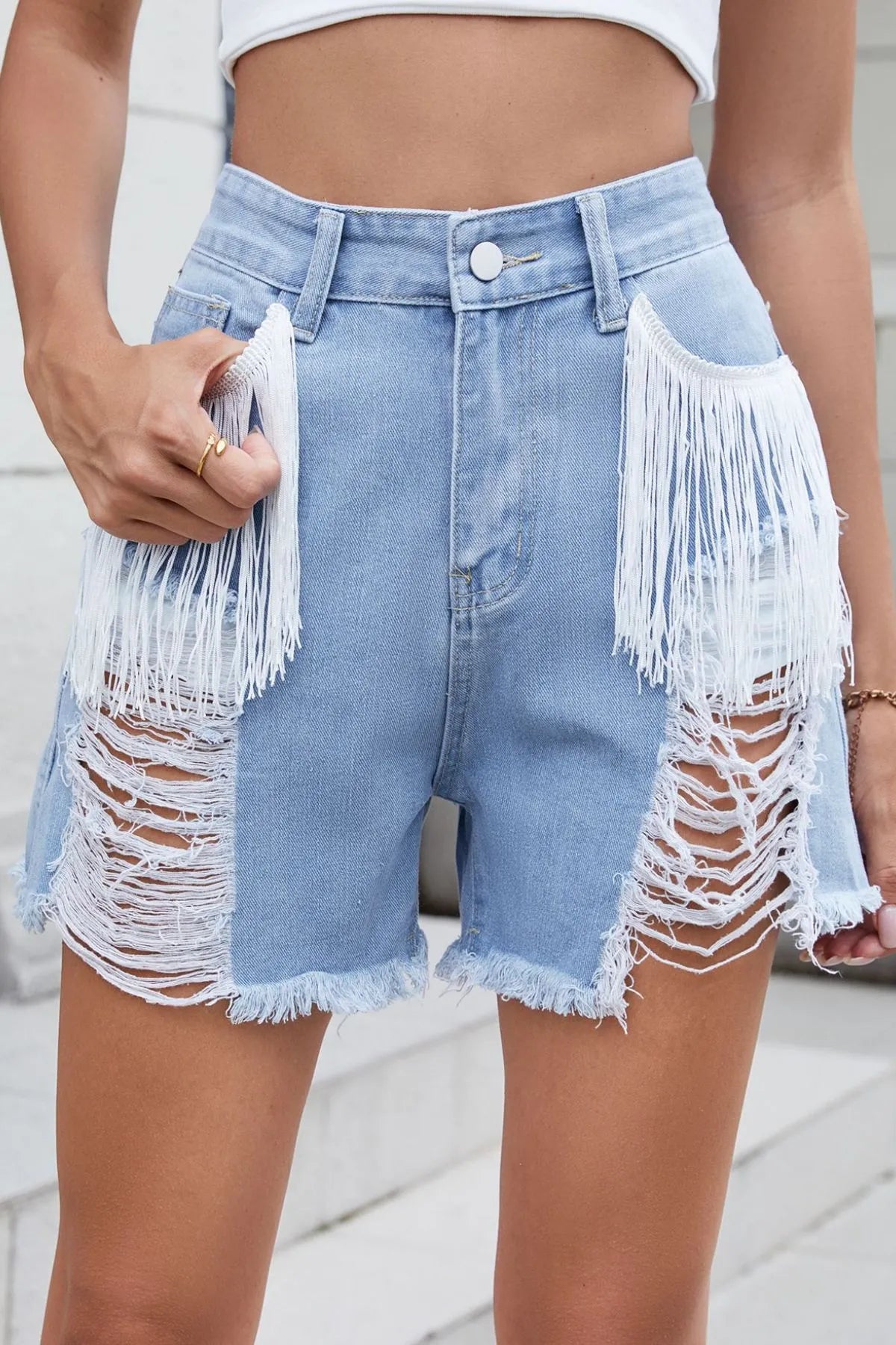 Distressed Fringe Denim Shorts (3)