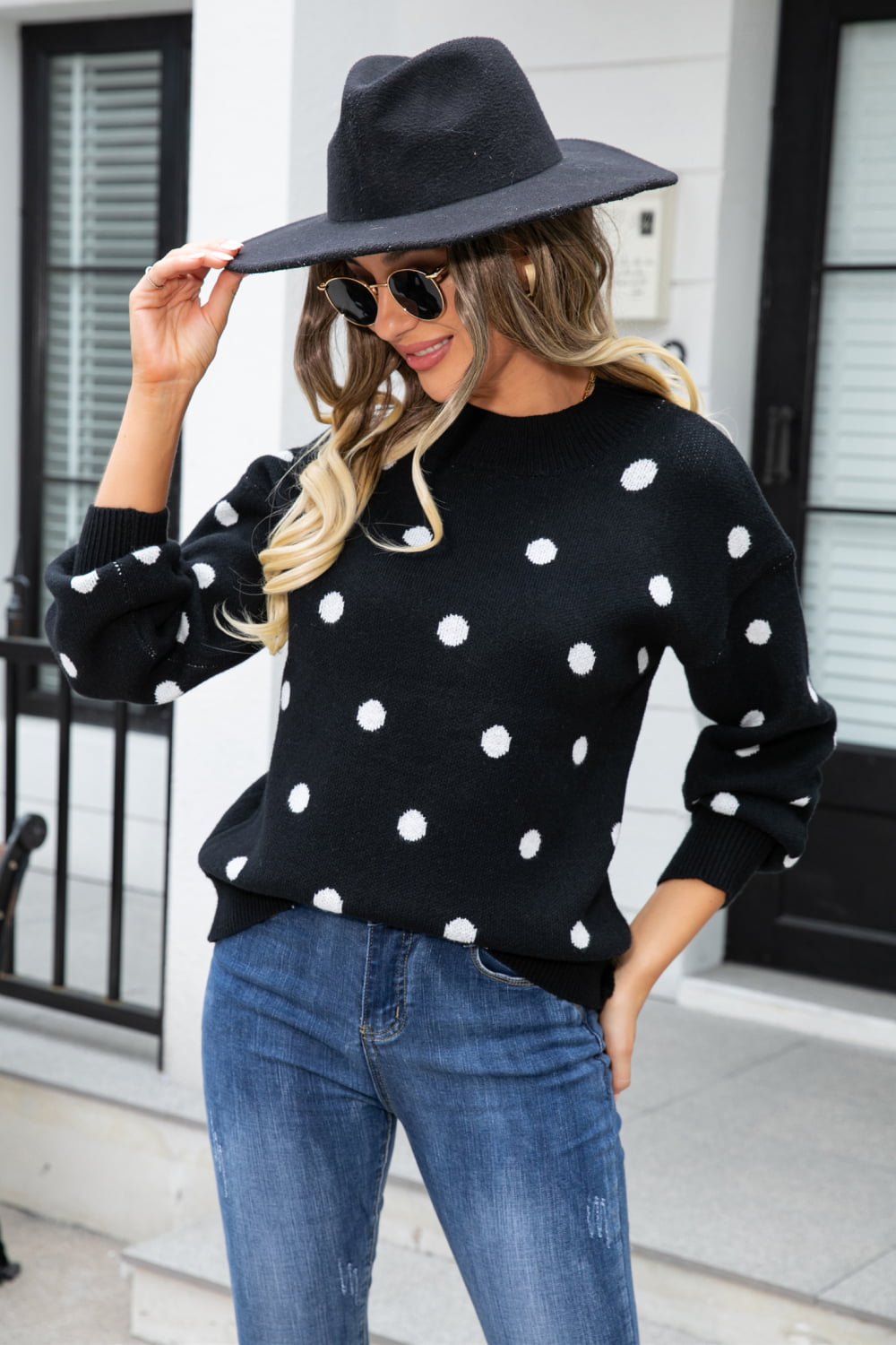 Woven Right Polka Dot Round Neck Dropped Shoulder Sweater (8)