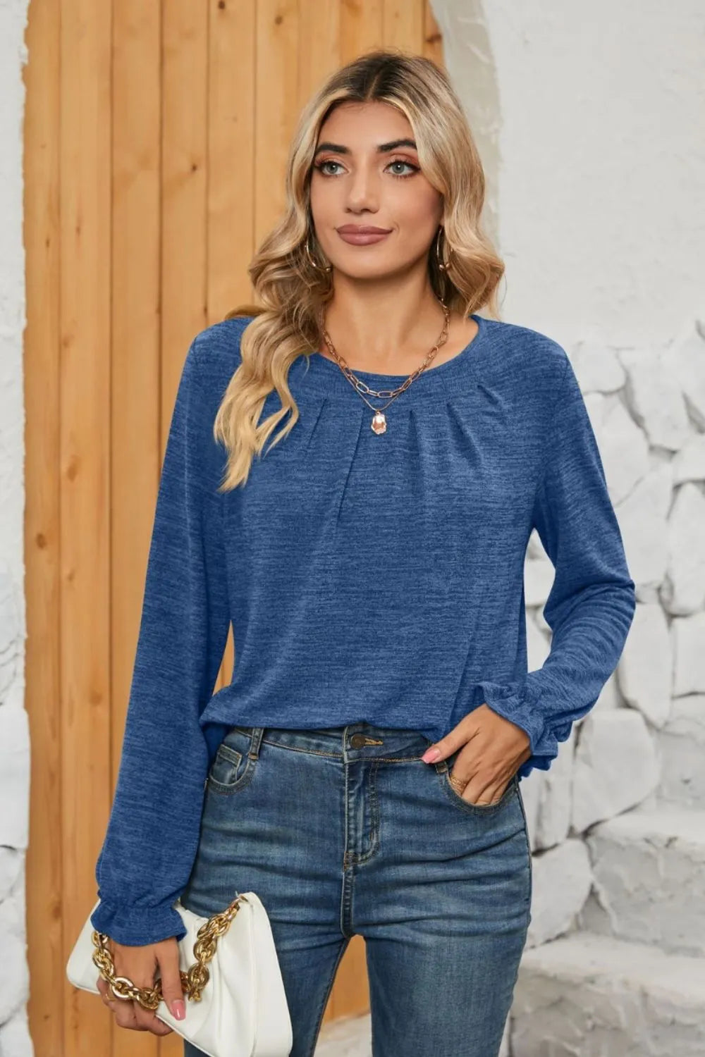 Ruched Round Neck Flounce Sleeve T-shirt (10)