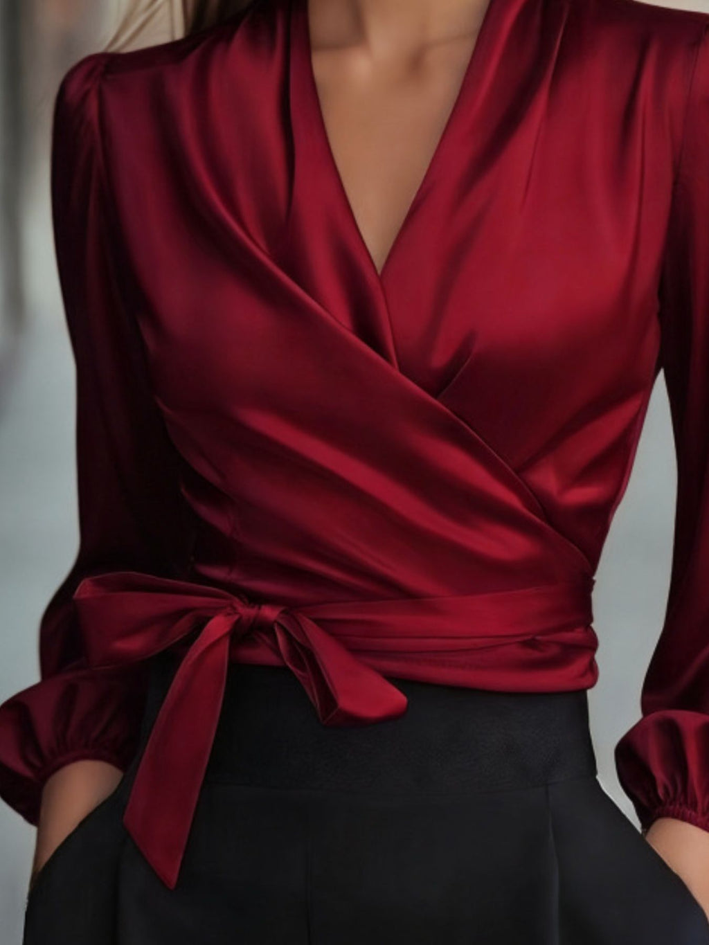 Satin Tie Waist Wrap Blouse (6)