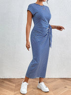 Tied Striped Round Neck Short Sleeve Tee Dress (25)