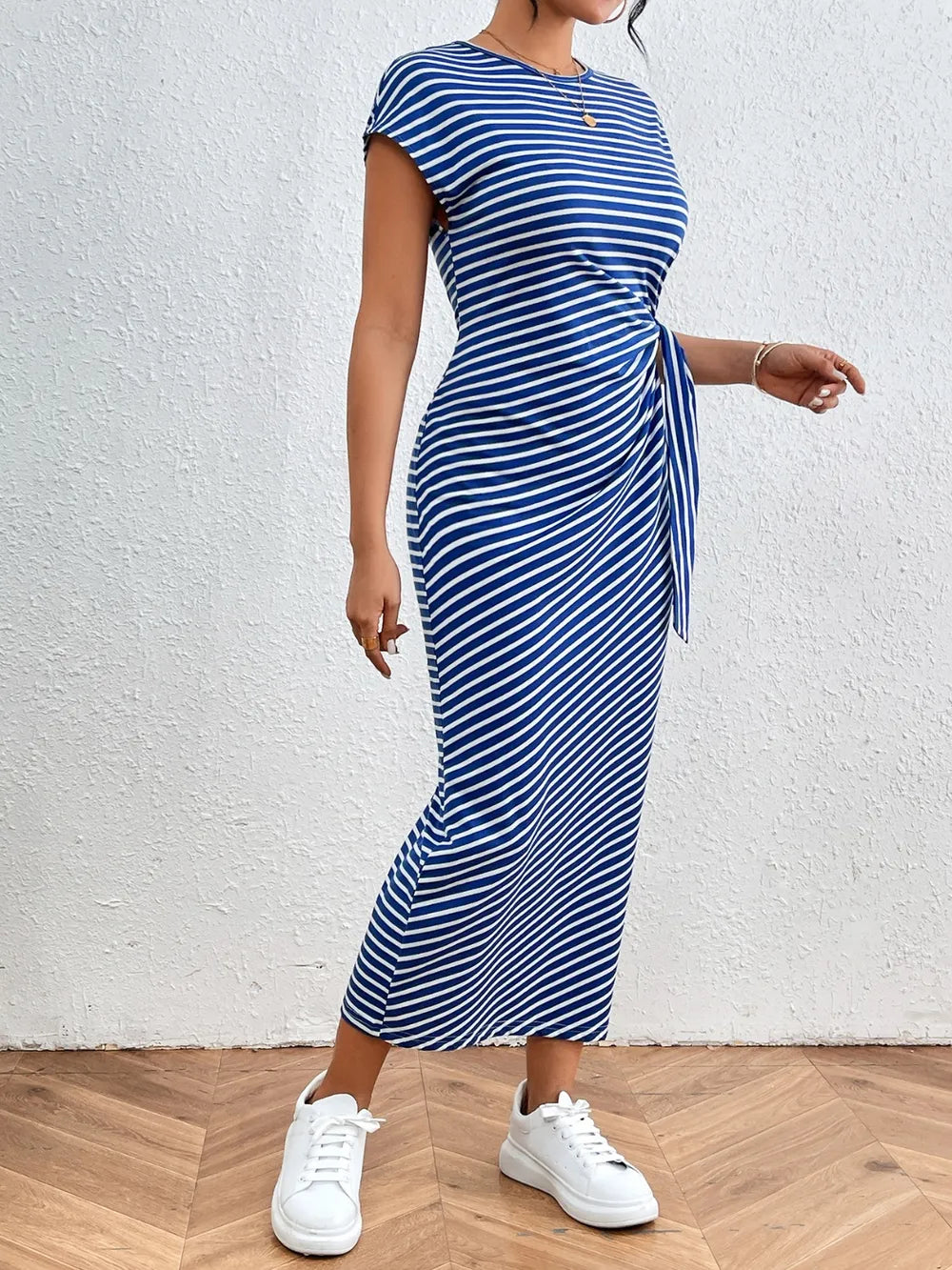 Tied Striped Round Neck Short Sleeve Tee Dress (25)