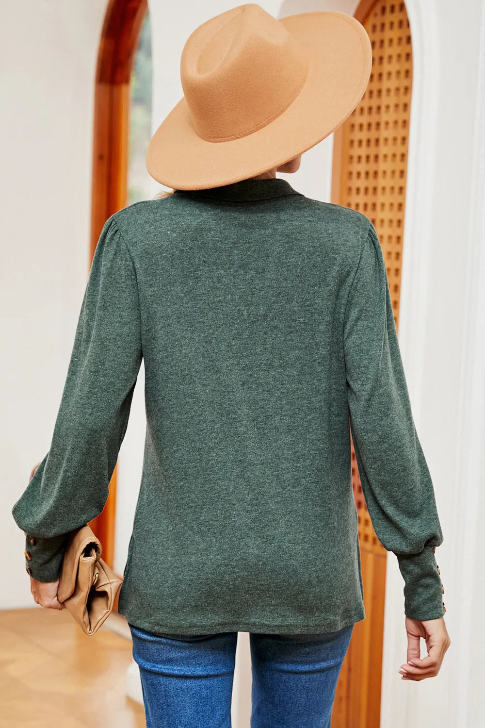 Decorative Button Johnny Collar Lantern Sleeve Blouse (9)