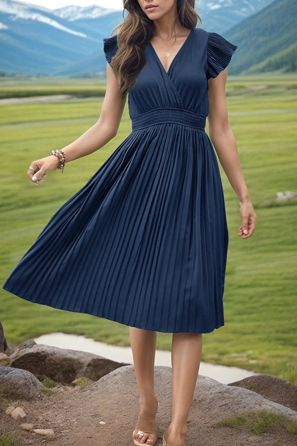 Tied Smocked Waist Flutter Sleeve Dress (11)