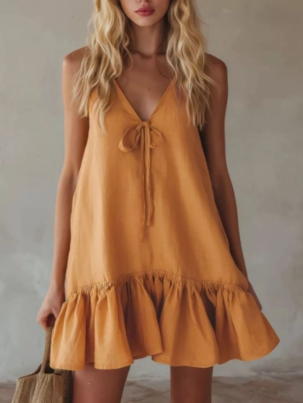 V-neck Tie Front Ruffle Hem Mini Dress