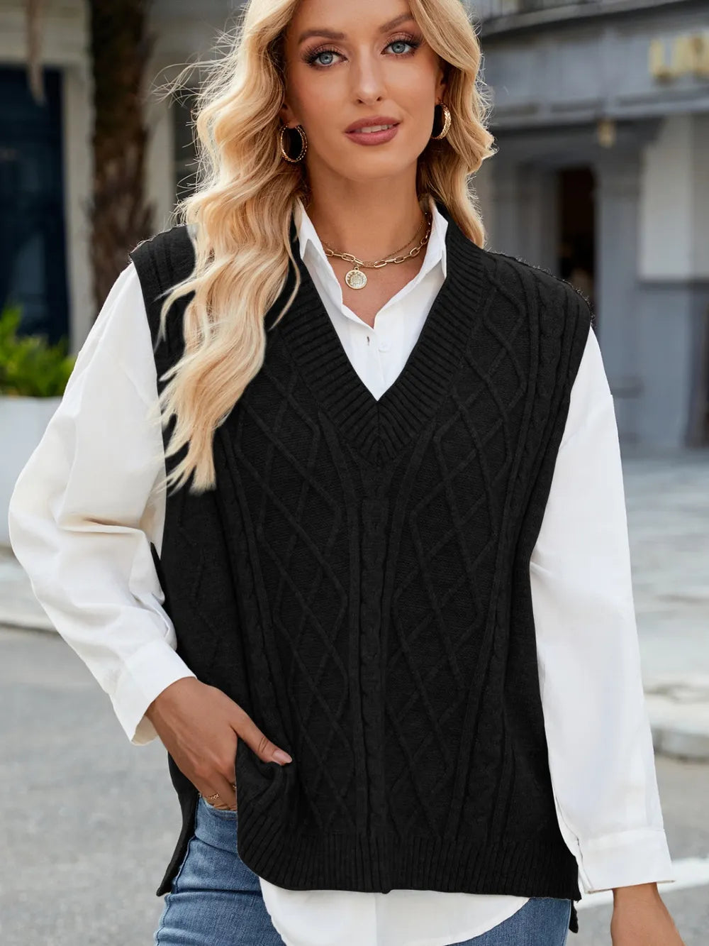 Cable Knit V-neck Sweater Vest (13)