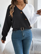 Two-tone V-neck Long Sleeve Sweater (7)