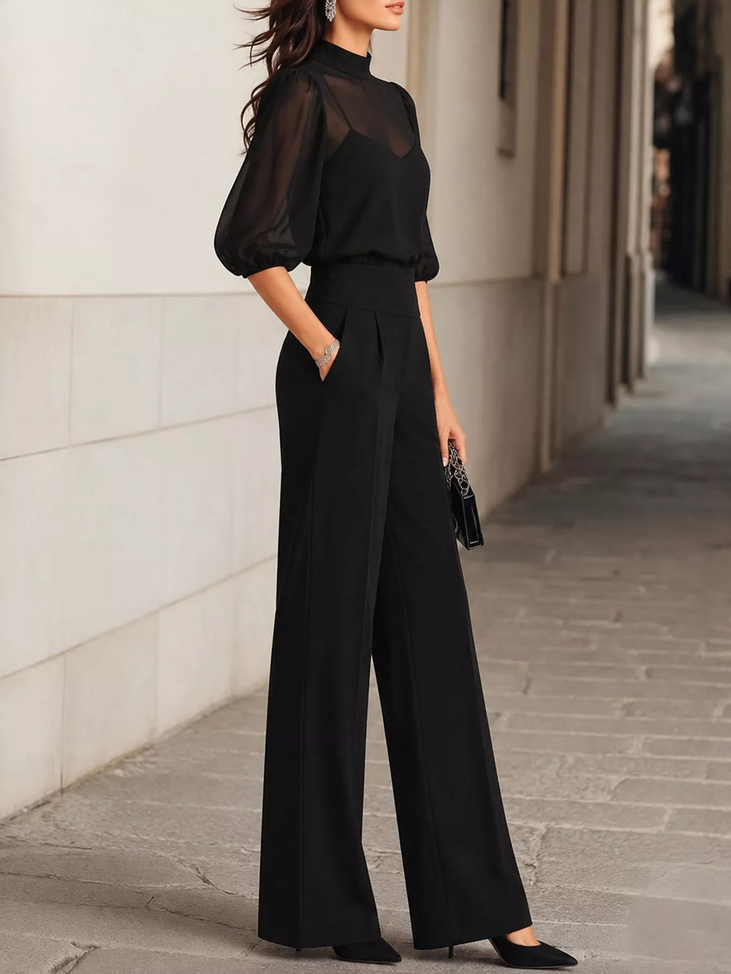 Mock Neck Puff Sleeve Top Wide Leg Pants Set (2)