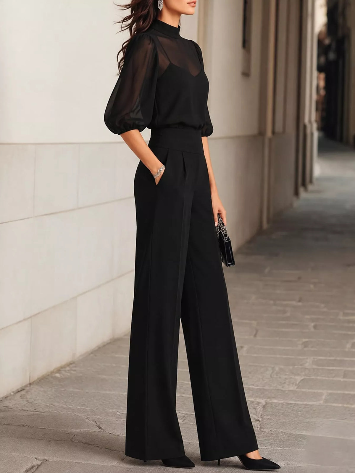 Mock Neck Puff Sleeve Top Wide Leg Pants Set (2)