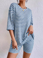 Striped Round Neck Top Shorts Set (13)