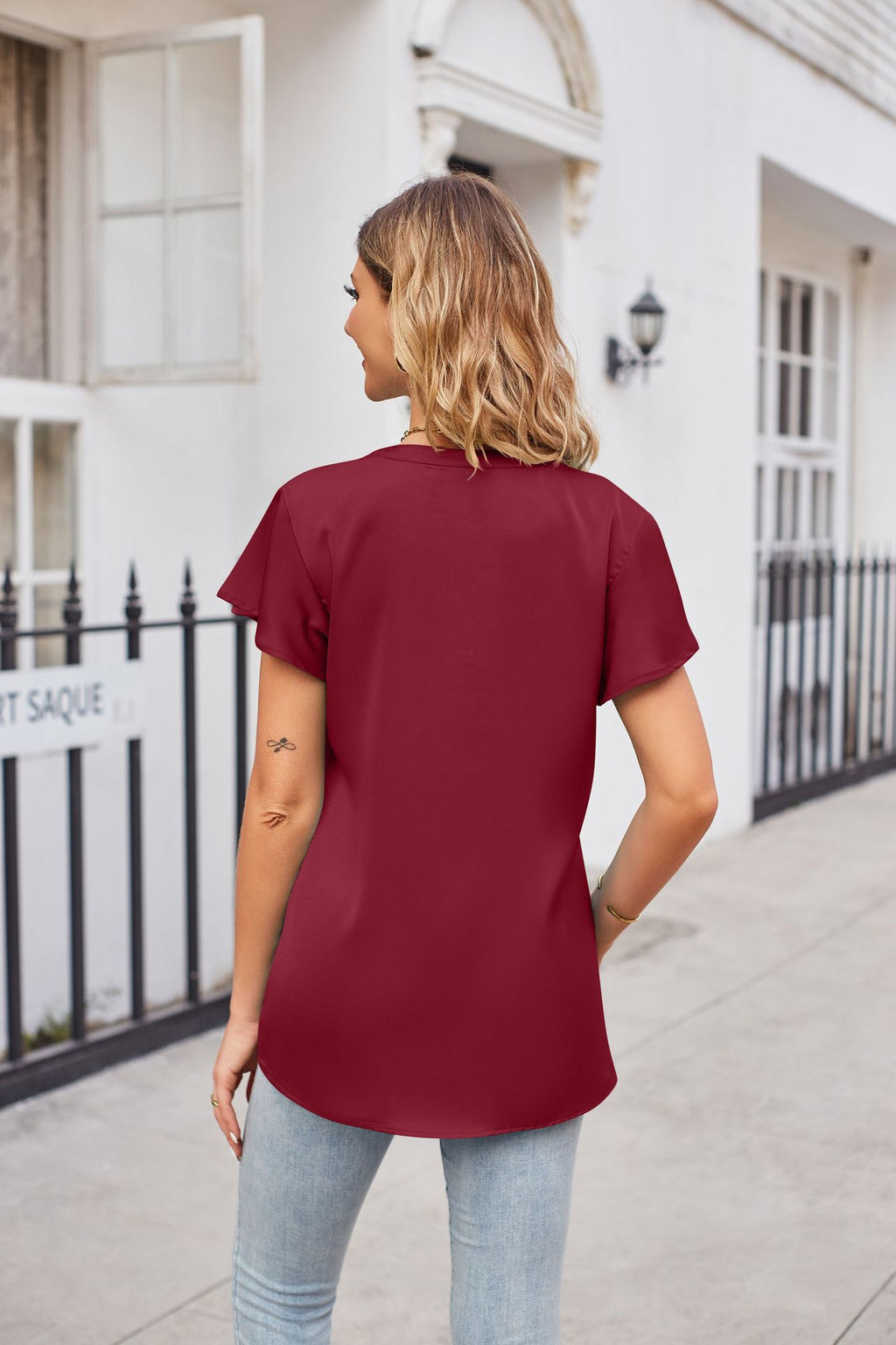 Notched Neck Flutter Sleeve Satin Top (18)