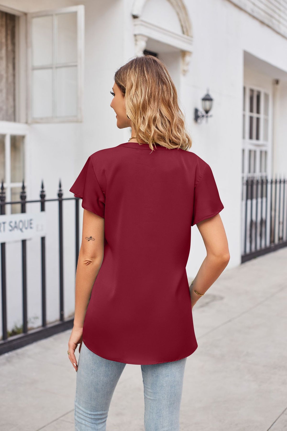 Notched Neck Flutter Sleeve Satin Top (18)
