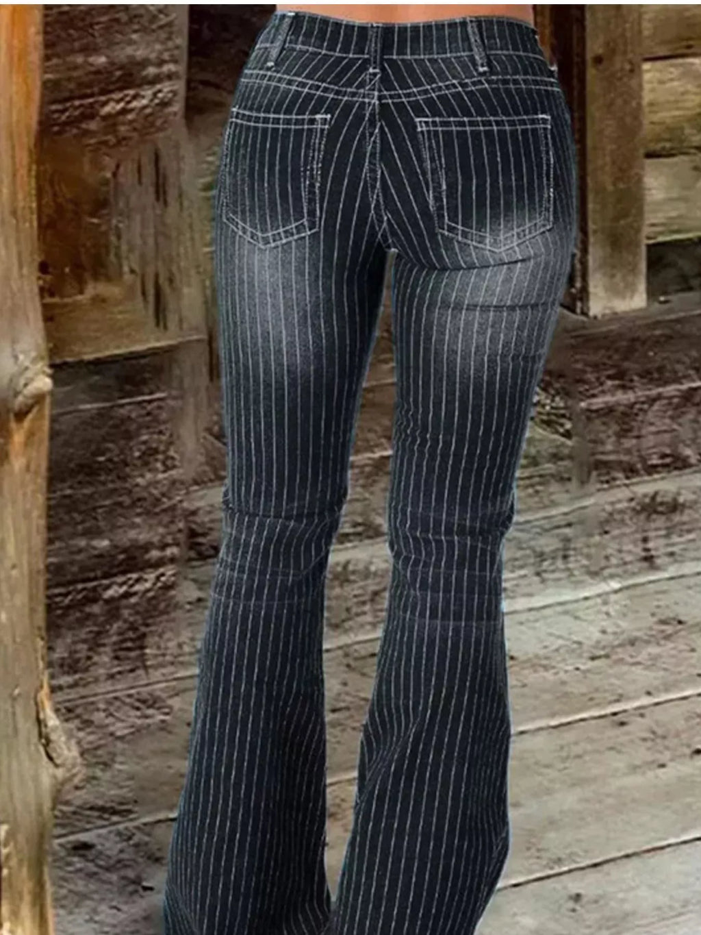 Striped Button Fly Flare Jeans (9)