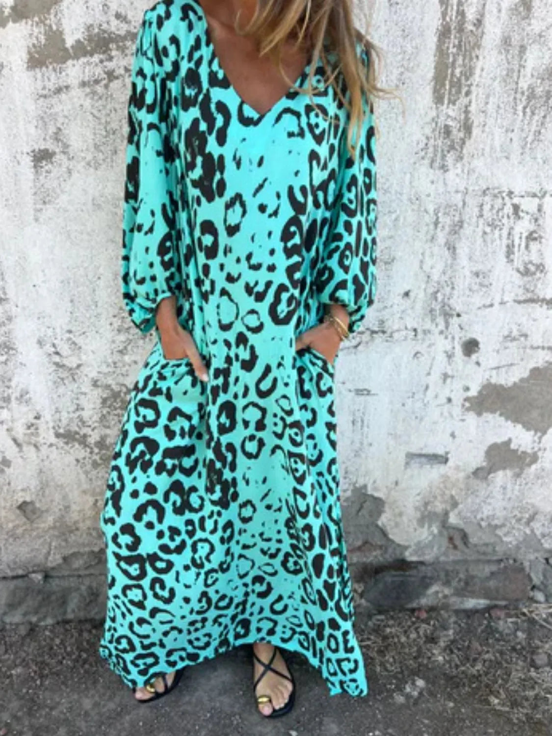 Full Size Printed V-neck Dress Pockets Plus (19)
