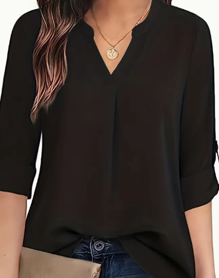 Solid V-neck Long Sleeve Blouse variant CJCS223760913MN|CJCS223760914NM|CJCS223760915OL|CJCS223760916PK|CJCS223760917QJ|CJCS223760918RI