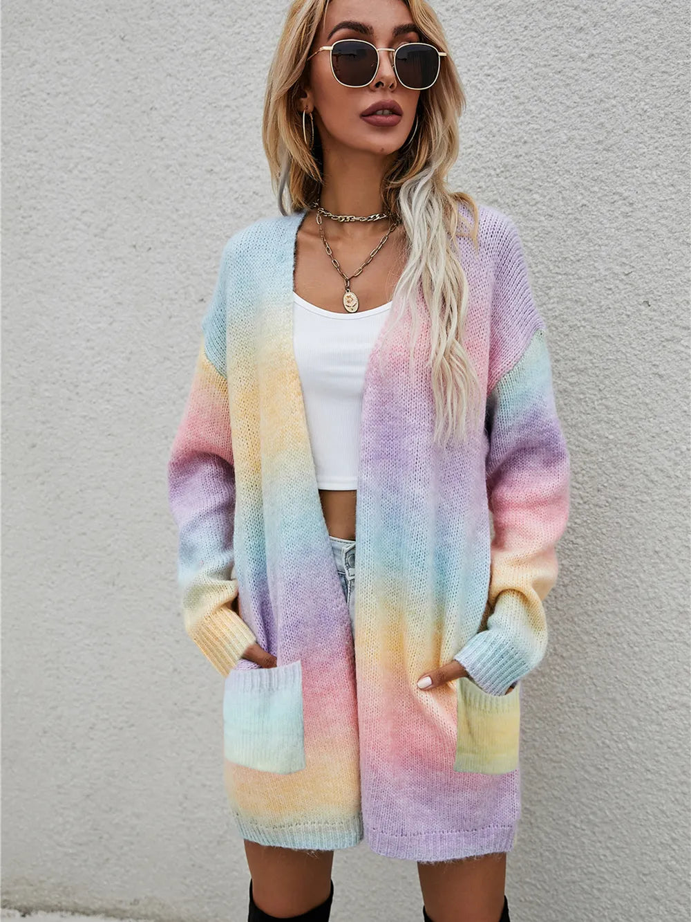Full Size Pocketed Open Front Gradient Cardigan