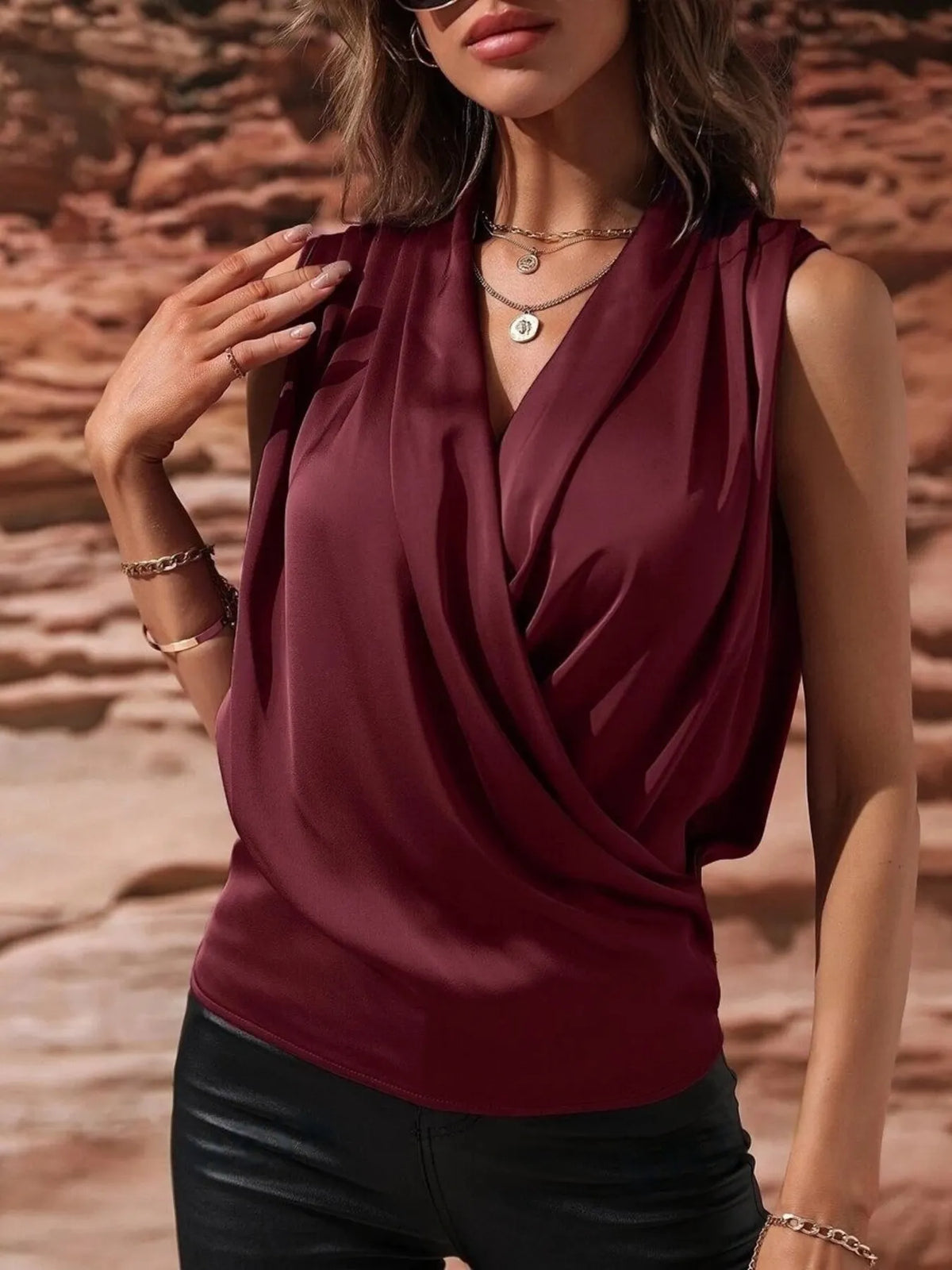 Sleeveless Wrap Draped Blouse (17)
