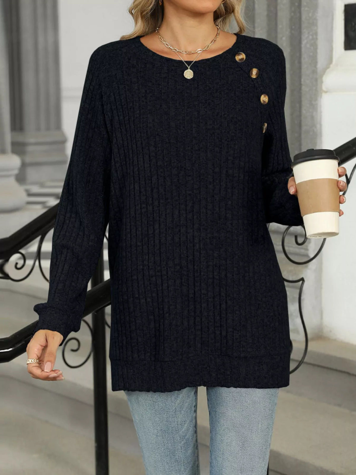 Round Neck Knit Button Top (16)