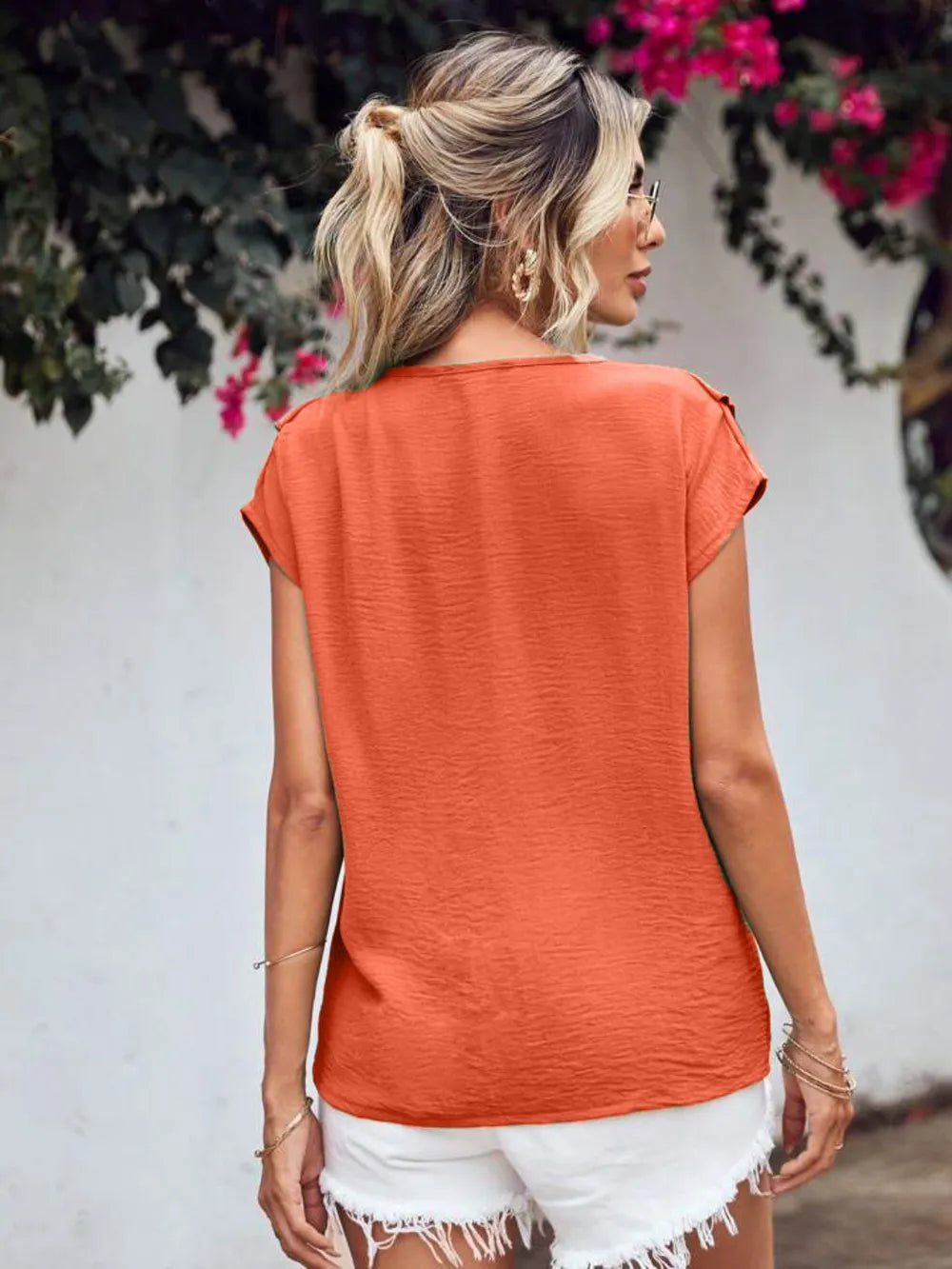 Ruffled V-neck Short Sleeve Blouse (2)