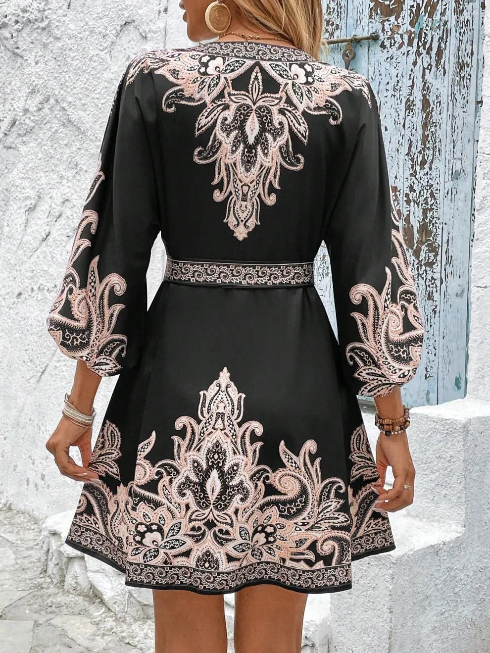 Paisley V-neck 3/4 Sleeve Mini Dress (14)